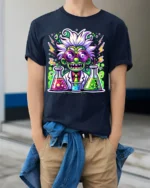 Crazy Scientist T-Shirt for Science Fans Neon Lab Graphic Tee with Funny Style - model wearing navy shirt, hands in pockets