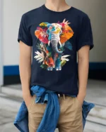 Colorful Elephant T-Shirt with Floral Design Soft Artistic Jungle Tee for Nature Fans - model wearing navy shirt, hands in pockets