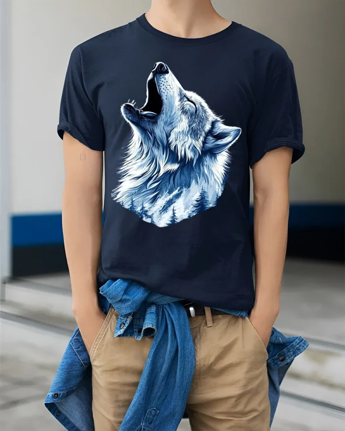 Winter Wolf Graphic T-Shirt Mountain Howl Animal Tee for Outdoor and Wildlife Fans - model wearing navy shirt, hands in pockets