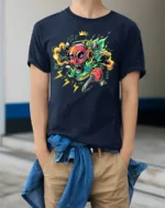 Neon Skull T-Shirt with Knife and Headphones Graphic Street Tee for Edgy Looks - model wearing navy shirt, hands in pockets