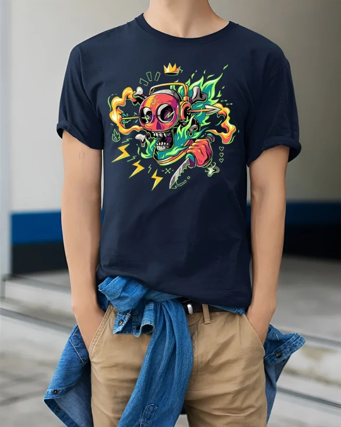 Neon Skull T-Shirt with Knife and Headphones Graphic Street Tee for Edgy Looks - model wearing navy shirt, hands in pockets