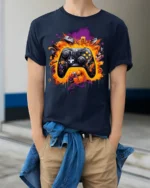 Gamer Controller Explosion T-Shirt Cool Graphic Tee for Video Game Lovers USA - model wearing navy shirt, hands in pockets