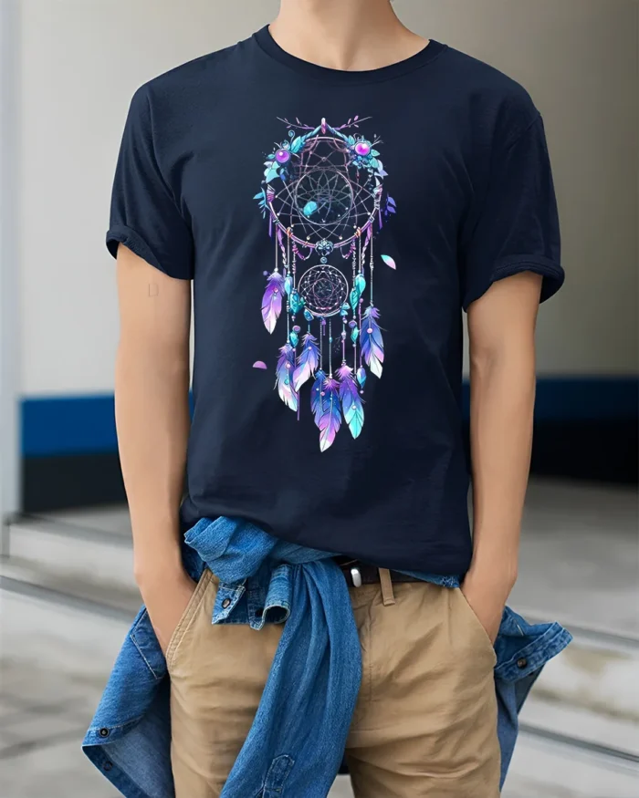 Spiritual Dreamcatcher Graphic T-Shirt Soft Bohemian Tee with Feathers Design - model wearing navy shirt, hands in pockets