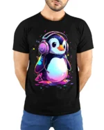 Cute Penguin DJ T-Shirt for Music Lovers Soft Cotton Tee with Vibrant Print - model wearing black shirt, hands behind back