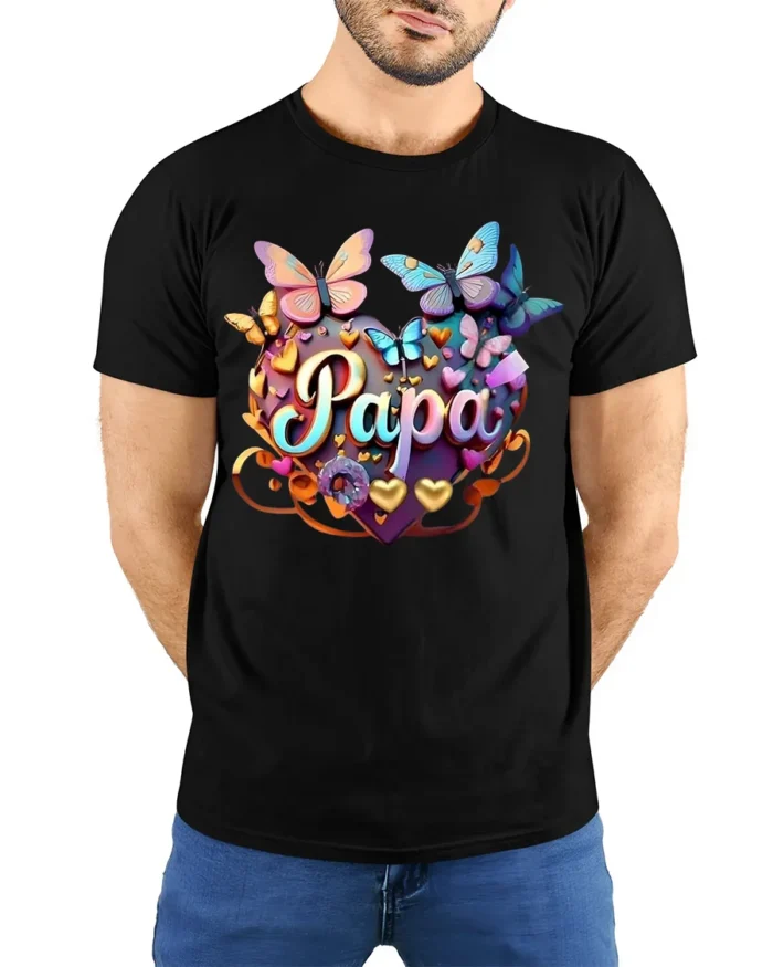 Papa Heart Butterfly T-Shirt Colorful Gift Tee for Dad’s Birthday or Father’s Day - model wearing black shirt, hands behind back