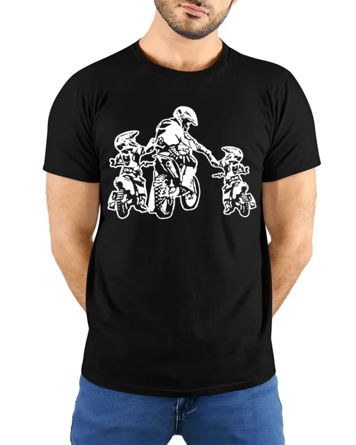 Dad and Kids Motocross T-Shirt Dirt Bike Rider Gift Tee for Father’s Day USA - model wearing black shirt, hands behind back