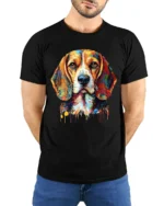 Rainbow Beagle Art T-Shirt Cute Colorful Dog Graphic Tee for Animal Fans - model wearing black shirt, hands behind back