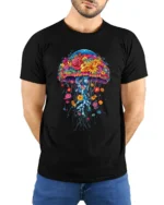 Floral Jellyfish T-Shirt Vibrant Ocean Nature Tee for Flower and Sea Lovers - model wearing black shirt, hands behind back