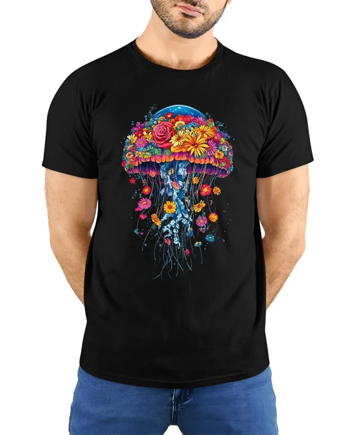 Floral Jellyfish T-Shirt Vibrant Ocean Nature Tee for Flower and Sea Lovers - model wearing black shirt, hands behind back