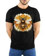 Bee Lover T-Shirt Stylish Honeycomb Insect Art Tee for Nature Fans and Gardeners - model wearing black shirt, hands behind back