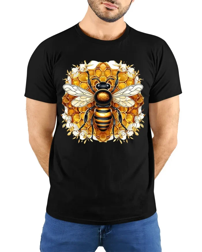 Bee Lover T-Shirt Stylish Honeycomb Insect Art Tee for Nature Fans and Gardeners - model wearing black shirt, hands behind back