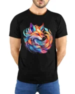Colorful Fox T-Shirt Artistic Spirit Animal Tee with Vivid Fantasy Design - model wearing black shirt, hands behind back