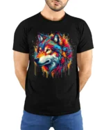 Colorful Wolf Head T-Shirt Vibrant Artistic Animal Print Tee for Nature Lovers - model wearing black shirt, hands behind back