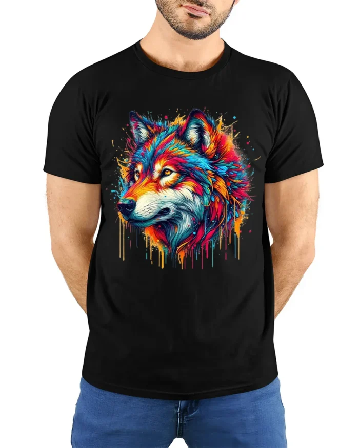 Colorful Wolf Head T-Shirt Vibrant Artistic Animal Print Tee for Nature Lovers - model wearing black shirt, hands behind back