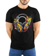 Retro Headphones T-Shirt Funky Music Lover Tee with Bright Audio Design - model wearing black shirt, hands behind back