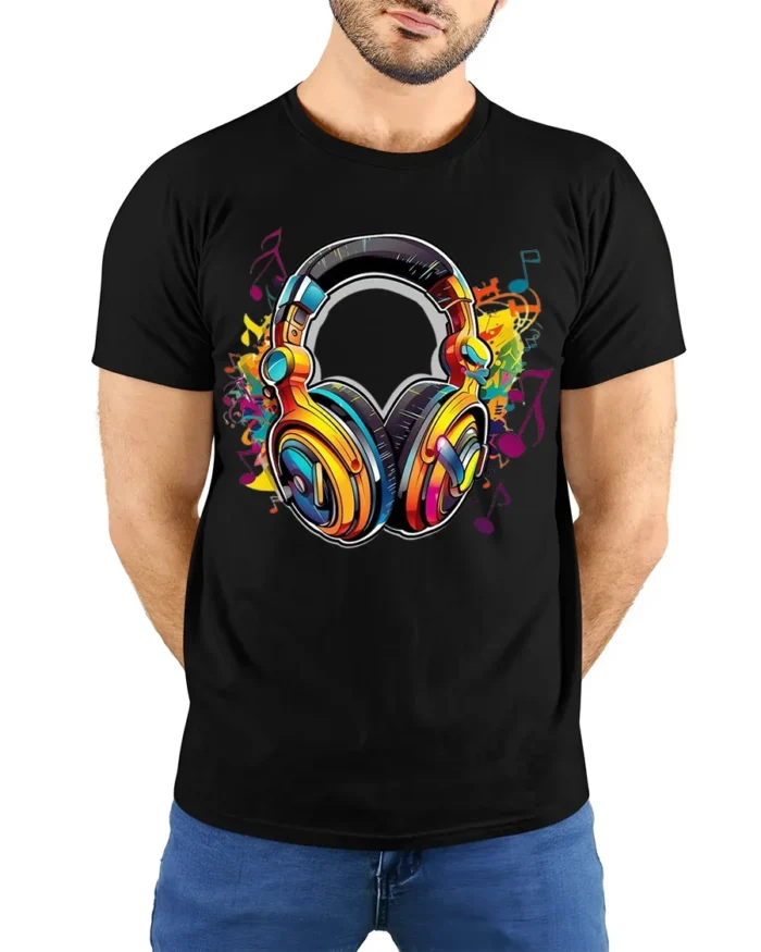 Retro Headphones T-Shirt Funky Music Lover Tee with Bright Audio Design - model wearing black shirt, hands behind back