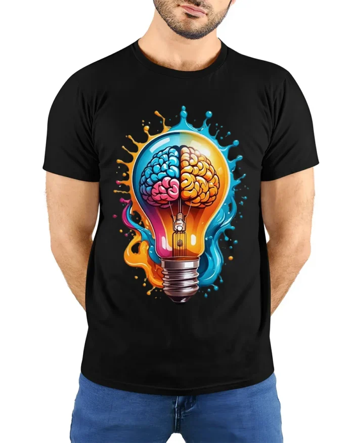 Creative Brain Lightbulb T-Shirt Artistic Mind Power Graphic Tee in Soft Cotton - model wearing black shirt, hands behind back