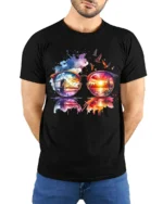 Cool City View Through Sunglasses Artistic Vacation Style Graphic Tee - model wearing black shirt, hands behind back