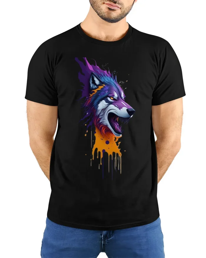 Howling Wolf T-Shirt with Dripping Paint Design Soft Cotton Tee for Wild Souls - model wearing black shirt, hands behind back