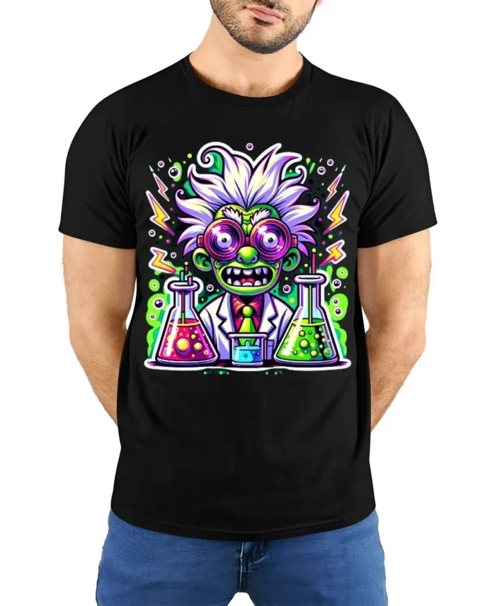 Crazy Scientist T-Shirt for Science Fans Neon Lab Graphic Tee with Funny Style - model wearing black shirt, hands behind back