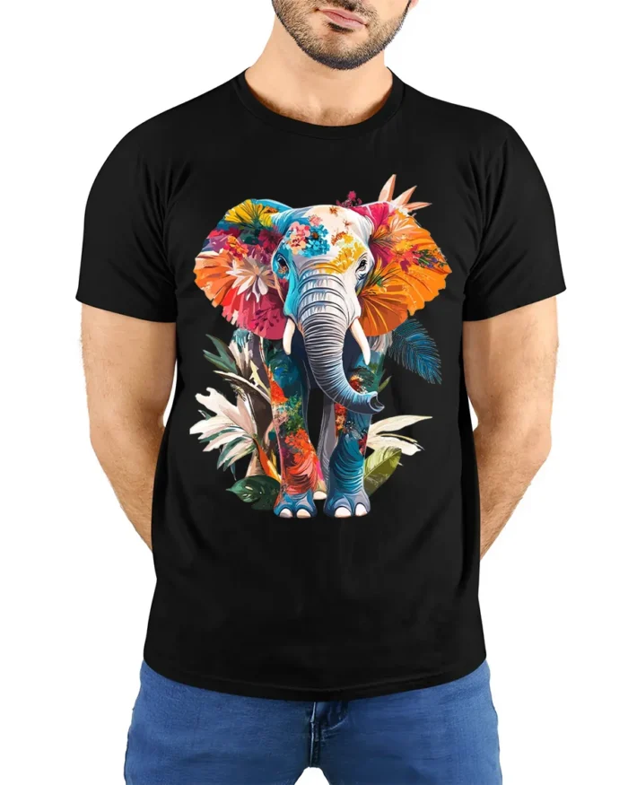 Colorful Elephant T-Shirt with Floral Design Soft Artistic Jungle Tee for Nature Fans - model wearing black shirt, hands behind back