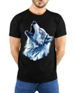 Winter Wolf Graphic T-Shirt Mountain Howl Animal Tee for Outdoor and Wildlife Fans - model wearing black shirt, hands behind back