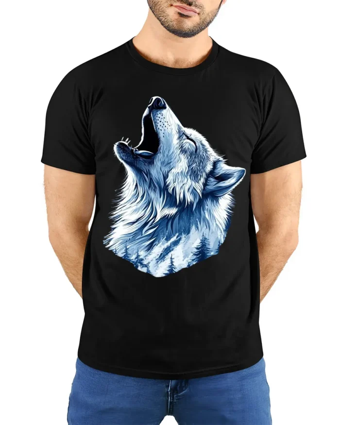 Winter Wolf Graphic T-Shirt Mountain Howl Animal Tee for Outdoor and Wildlife Fans - model wearing black shirt, hands behind back