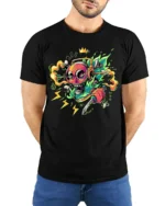 Neon Skull T-Shirt with Knife and Headphones Graphic Street Tee for Edgy Looks - model wearing black shirt, hands behind back