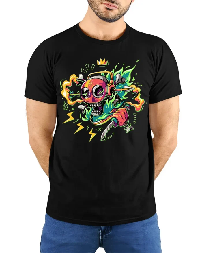 Neon Skull T-Shirt with Knife and Headphones Graphic Street Tee for Edgy Looks - model wearing black shirt, hands behind back