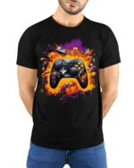 Gamer Controller Explosion T-Shirt Cool Graphic Tee for Video Game Lovers USA - model wearing black shirt, hands behind back