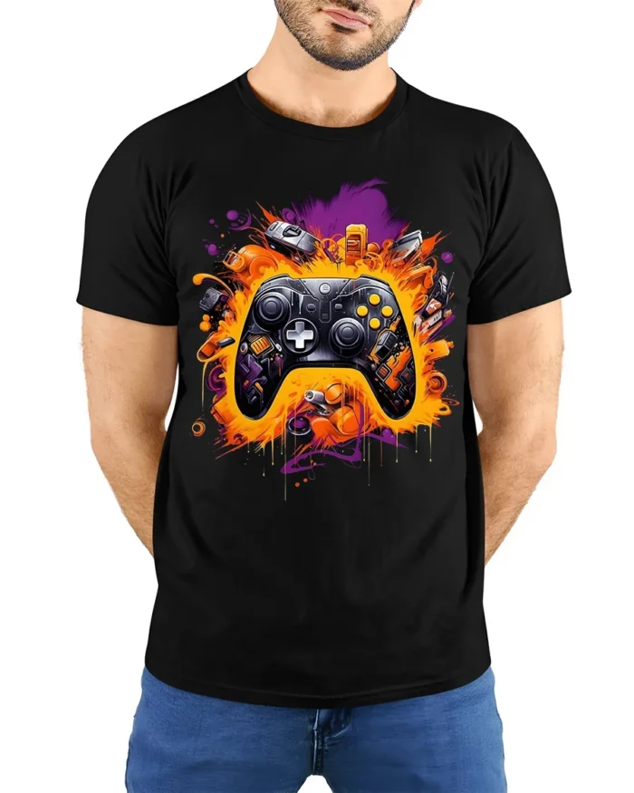 Gamer Controller Explosion T-Shirt Cool Graphic Tee for Video Game Lovers USA - model wearing black shirt, hands behind back