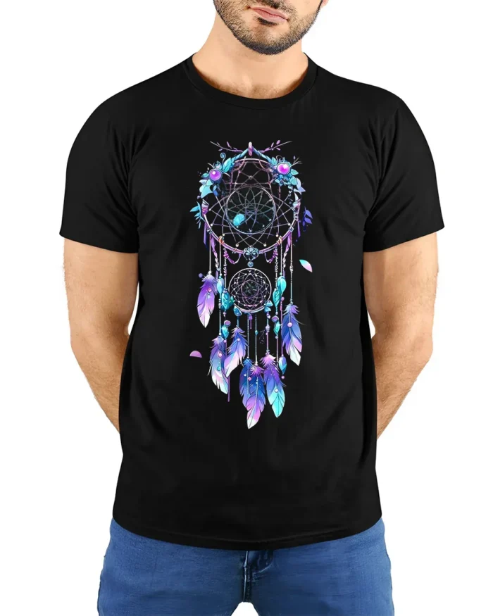 Spiritual Dreamcatcher Graphic T-Shirt Soft Bohemian Tee with Feathers Design - model wearing black shirt, hands behind back