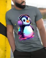 Cute Penguin DJ T-Shirt for Music Lovers Soft Cotton Tee with Vibrant Print - model in grey shirt leaning against column