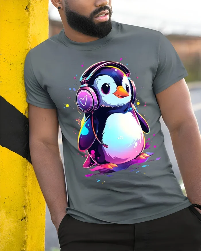 Cute Penguin DJ T-Shirt for Music Lovers Soft Cotton Tee with Vibrant Print - model in grey shirt leaning against column