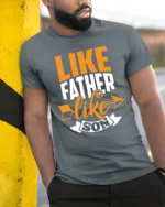 Father Son Matching Quote T-Shirt Funny Family Tee for Dad and Kids Gift Idea - model in grey shirt leaning against column