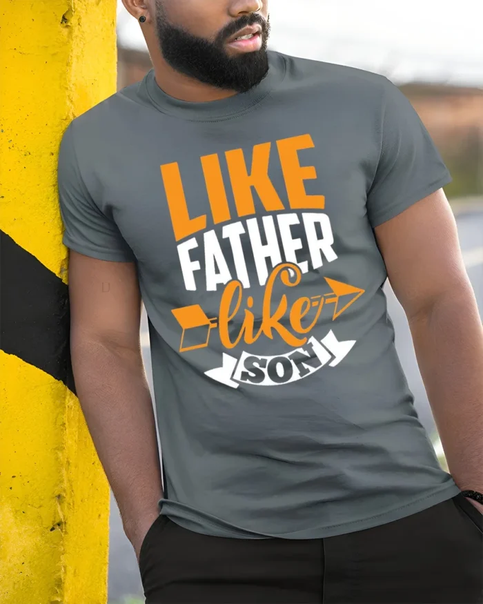 Father Son Matching Quote T-Shirt Funny Family Tee for Dad and Kids Gift Idea - model in grey shirt leaning against column