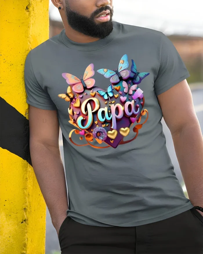 Papa Heart Butterfly T-Shirt Colorful Gift Tee for Dad’s Birthday or Father’s Day - model in grey shirt leaning against column
