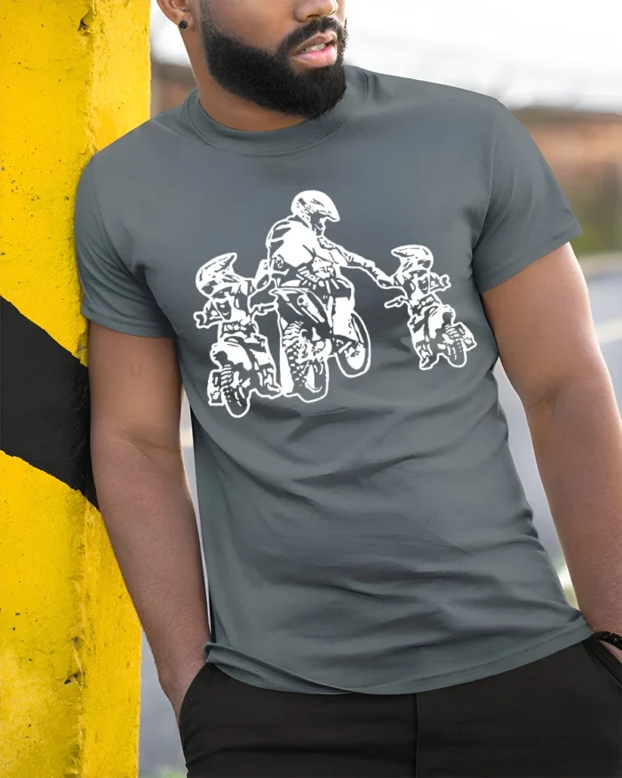 Dad and Kids Motocross T-Shirt Dirt Bike Rider Gift Tee for Father’s Day USA - model in grey shirt leaning against column