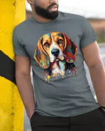 Rainbow Beagle Art T-Shirt Cute Colorful Dog Graphic Tee for Animal Fans - model in grey shirt leaning against column
