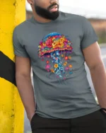 Floral Jellyfish T-Shirt Vibrant Ocean Nature Tee for Flower and Sea Lovers - model in grey shirt leaning against column