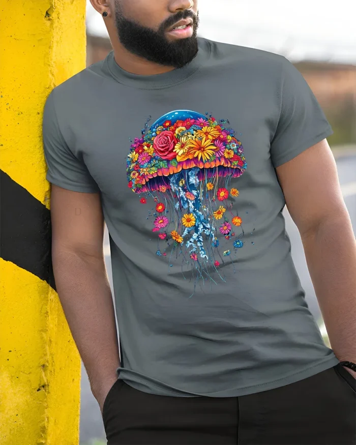 Floral Jellyfish T-Shirt Vibrant Ocean Nature Tee for Flower and Sea Lovers - model in grey shirt leaning against column