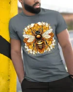Bee Lover T-Shirt Stylish Honeycomb Insect Art Tee for Nature Fans and Gardeners - model in grey shirt leaning against column