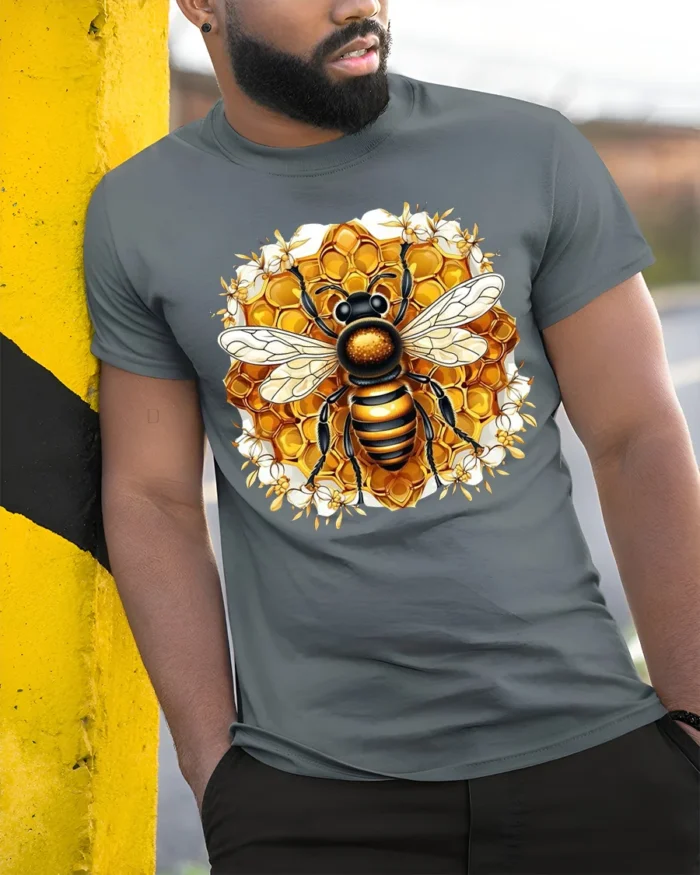 Bee Lover T-Shirt Stylish Honeycomb Insect Art Tee for Nature Fans and Gardeners - model in grey shirt leaning against column