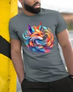 Colorful Fox T-Shirt Artistic Spirit Animal Tee with Vivid Fantasy Design - model in grey shirt leaning against column