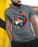 Colorful Wolf Head T-Shirt Vibrant Artistic Animal Print Tee for Nature Lovers - model in grey shirt leaning against column