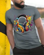 Retro Headphones T-Shirt Funky Music Lover Tee with Bright Audio Design - model in grey shirt leaning against column