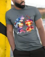 Cool City View Through Sunglasses Artistic Vacation Style Graphic Tee - model in grey shirt leaning against column