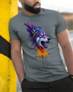 Howling Wolf T-Shirt with Dripping Paint Design Soft Cotton Tee for Wild Souls - model in grey shirt leaning against column