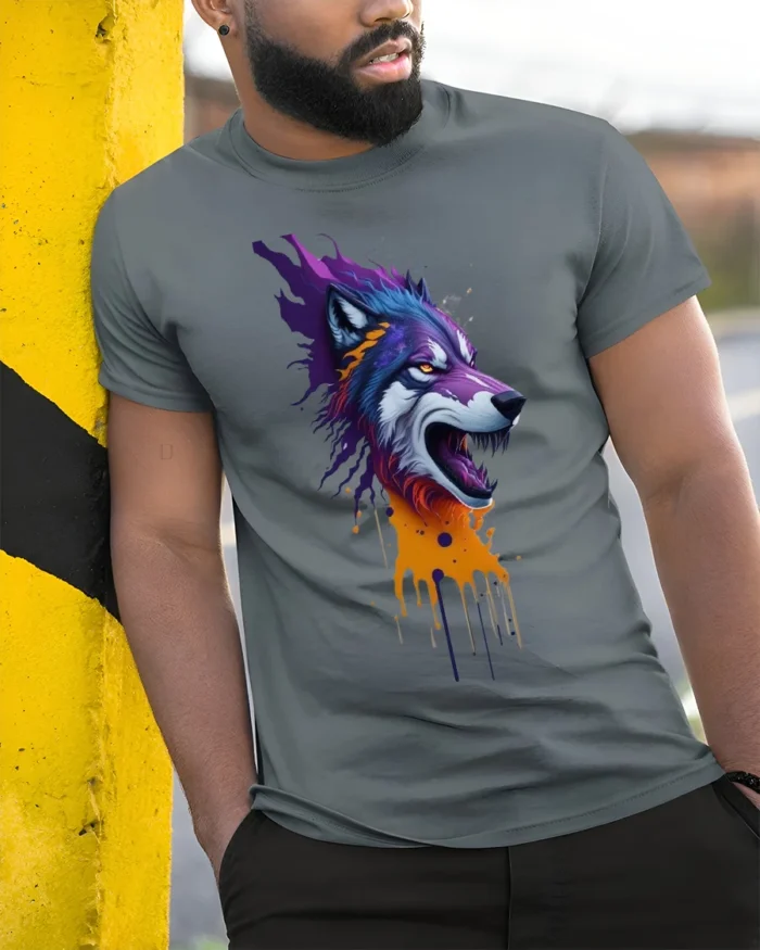 Howling Wolf T-Shirt with Dripping Paint Design Soft Cotton Tee for Wild Souls - model in grey shirt leaning against column