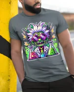 Crazy Scientist T-Shirt for Science Fans Neon Lab Graphic Tee with Funny Style - model in grey shirt leaning against column